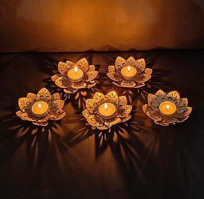 alwadi handicarfts Antique Gold Lotus Tealight Candle Holder Set of 5 Iron 5 - Cup Candle Holder Set(Gold, Pack of 1)