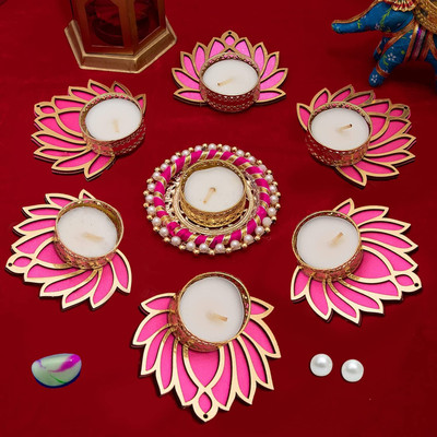 GIFT JAIPUR 7 Pink Diwali Decorative Lotus CHUDI diyas Rangoli tealight candle holder Wood (Pack of 7) Table Diya Set(Height: 1 inch)