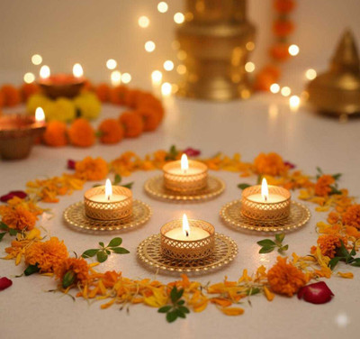Maarzal Iron 4 - Cup Tealight Holder Set(Gold, Pack of 4)