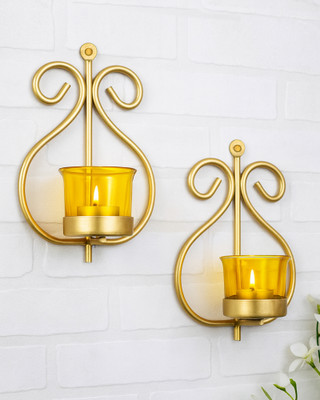Homesake Set of 2 Decorative Golden Wall Sconce/Candle Holder With Yellow Glass and Free T-light Candles Iron 2 - Cup Tealight Holder Set(Gold, Yellow, Pack of 2)