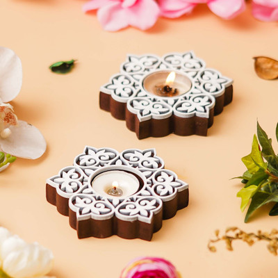 eCraftIndia Set of 2 Wooden Floral Printing Block Decorative Tea Light Candle Holders Wooden 2 - Cup Tealight Holder(Multicolor, Pack of 2)