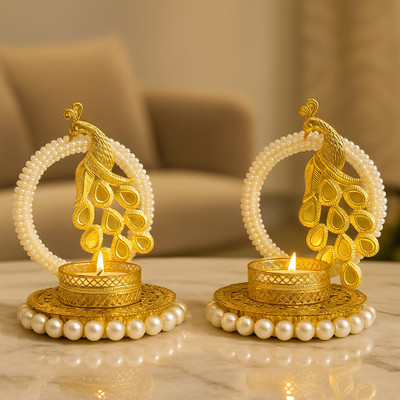 UNIQUE ART Can2 Cast Iron 2 - Cup Tealight Holder Set(Gold, Pack of 2)