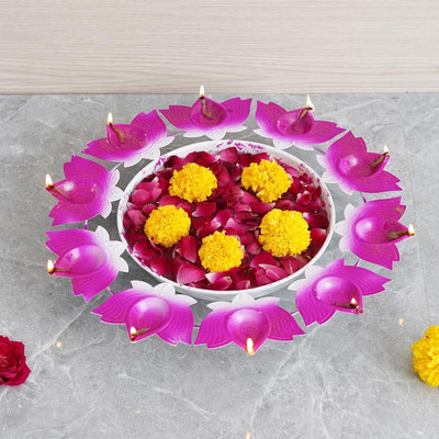 DecorHouse Premium Shine Urli Bowl Diya Shape Flower Diya Candle Thali Iron 12 - Cup Candle Holder Set(Gold, Pack of 1)