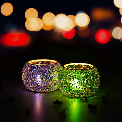 eCraftIndia Purple & Green Set of 2 Mosiac Glass Decorative Tea Light Holder/diya Glass Tealight Holder(Multicolor, Pack of 2)
