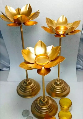 AYEZA HANDICRAFTS Lotus shape candle tea light holder in gold finish without glass Iron 1, 1, 1 - Cup Tealight Holder Set(Gold, Pack of 3)