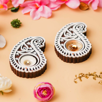 eCraftIndia Set of 2 Buta or Paisley Shaped Wooden Block Print Decorative Tea Light Holders Wooden 2 - Cup Tealight Holder(Multicolor, Pack of 2)