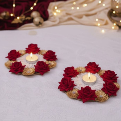 ajrak Rose flower tea light candle holder set of 2 Candle(White, Pack of 2)