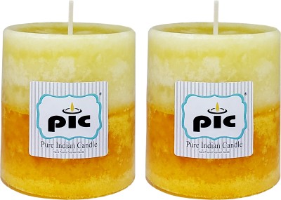 PIC Handpourd Sandalwood Amber Scented Two Tone Mottle Wax Pillar Candle(Yellow, Pack of 2)