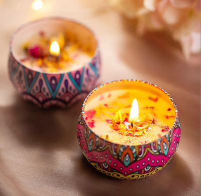 Murlin Printed Tin Jar Scented Candle(Multicolor, Pack of 1)