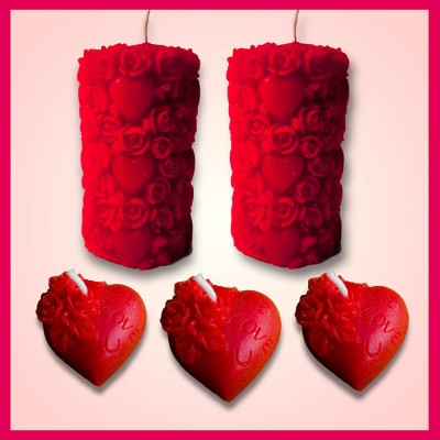 MAGICMOON Romantic Rose Scented Heart & Pillar Heart Candles For Home Decoration Candle(Red, Pack of 5)