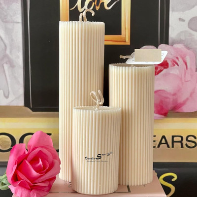 SAPI'S Scented White Ribbed Pillar Candle Set of 3 Candles Candle(White, Pack of 3)