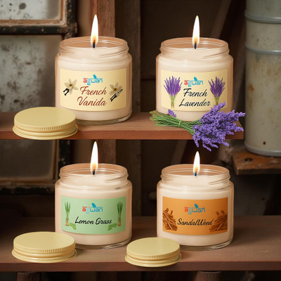 Agwan Soy Wax Scented Candle Set of 4 Vanilla, Lemongrass, Lavender & Sandalwood Candle(Multicolor, Pack of 4)