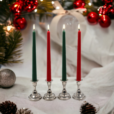 Hosley Unscented Taper Candles|Dinner Candles| Smokeless & Dripless( Green & Red) Candle(Multicolor, Pack of 4)