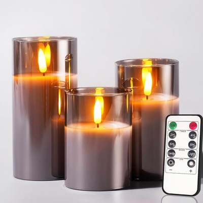 FIZZYTECH Flameless Candle, Set of 3 with Timer and Remote Control Candle(Grey, Pack of 3)
