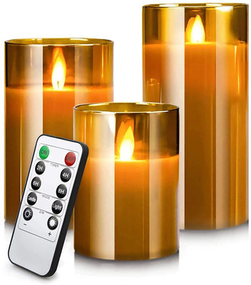 LTETTES Flameless LED Glass Pillar Candles made from Paraffin Wax Moving Flame Effect,Timer and Remote Controller for any Occasional Decoration (Set of 3-9xAAA Batteries)-1 Year Warranty(Brown) Candle(Brown, Pack of 3)