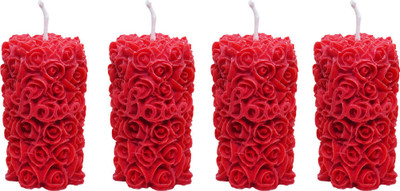 ANAK Rose scented pillar candles pack of 4 made of pure soy wax Candle(Red, Pack of 4)