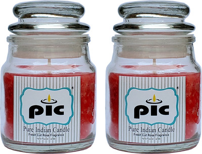PIC Handpourd Fresh Cut Rose Scented Jar Wax Candle(Red, Pack of 2)