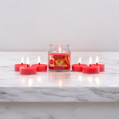Hosley Apple Cinnamon Fragrance Jar with Scented Tealights|Burn Time 15 Hours Candle(Red, Pack of 7)