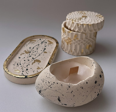 Chic chams Concrete 03 piece set 1tray,1eggshape jar 7cm and 1 Trinket jar 11cm. Candle(Multicolor, Pack of 3)