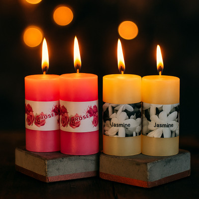 PeepalComm High Scented Wax Fragrance Pillar Candle Set of 4 (2 Rose +2 Jasmine) Candle(Multicolor, Pack of 4)