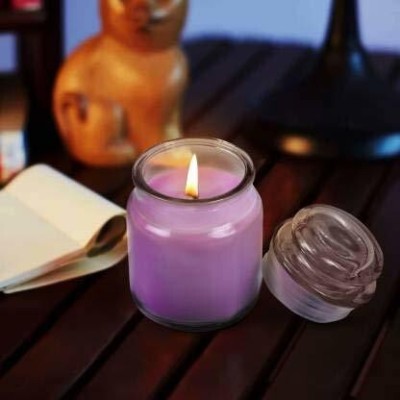 Decorasions Lid Glass Jar Lavender with Fragrance essential Oil scented luxury soy wax candle(Pack of 1) Candle(Blue, Pack of 1)