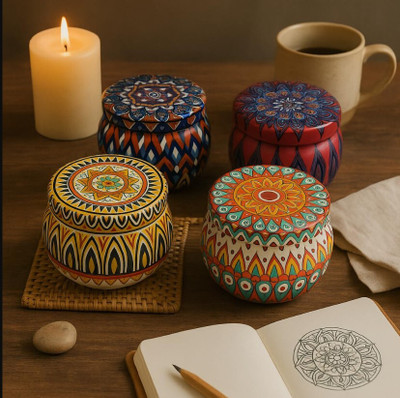 HYATT CREATION Aroma Candles - Set of 4 Madhubani Jar Scented Candles || 100g Soy Wax Each Candle(Multicolor, Pack of 4)