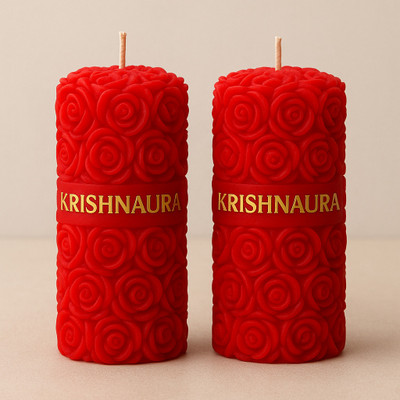 KRISHNAAURA Red Rose Scented Soy Wax Pillar Candle LONG BURING Ideal for Home Deco Candle(Red, Pack of 2)
