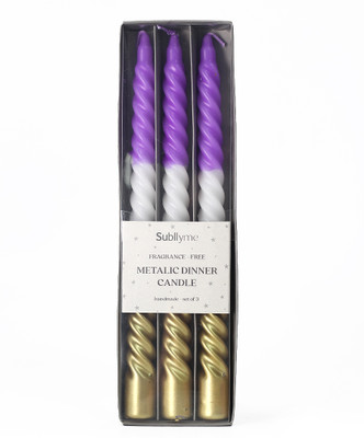 Subllyme Metallic Dinner Spiral Candle(Gold, White, Purple, Pack of 3)
