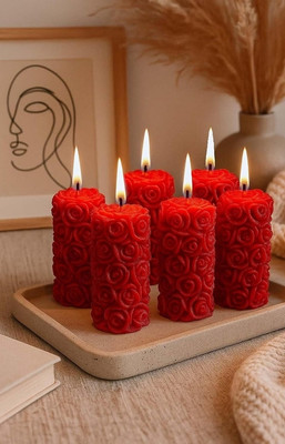 Crown's Queue Red Rose Embroidered Pillar Candle Rose Fragrance Candle(Red, Pack of 6)