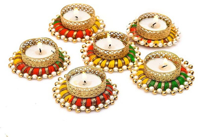 Waxify Moti Diya with Gota Patti Designer Diya Tealight Candle Candle Holder Candle Set Candle(Multicolor, Pack of 6)