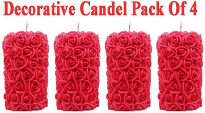 Crown's Queue Rose Scented Red Pillar Candle Candle(Red, Pack of 4)
