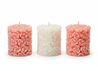 AAVITHOMES Rose Pattern Scented Pillar Candle Set of 3 | Decorative Wax Candles Candle(Multicolor, Pack of 3)