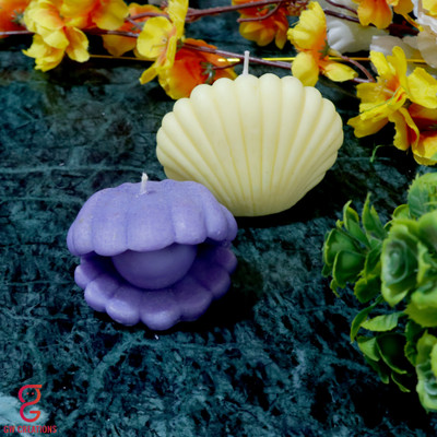 GW Creations Handmade Close & Open Shell Sandalwood lavender Scented candle Candle(Yellow, Purple, Pack of 2)