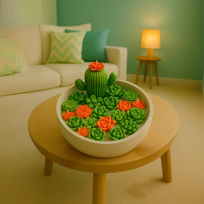PINK BLOSOOM Cactus Garden Candle Bowl – Succulent-Inspired Decorative Candle Candle(Orange, Pack of 1)