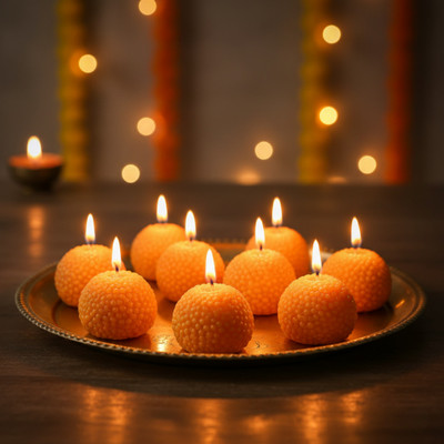 KHUSHA CREATIONS 12Pcs Motichoor Ladoo Candles With Box for Diwali Festive Home Decoration Candle(Orange, Pack of 12)