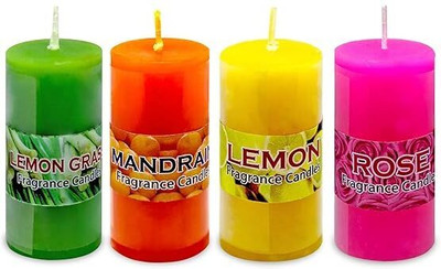 Henlys Pillar Candle Lemon Grass,Mandarin,Lemon and Rose Fragrance Pillar Candles Candle(Multicolor, Pack of 4)