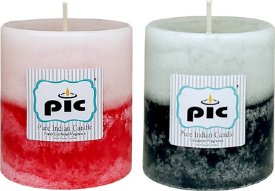 PIC Handpourd Scented Two Tone Mottle Wax Pillar Candle(Multicolor, Pack of 2)