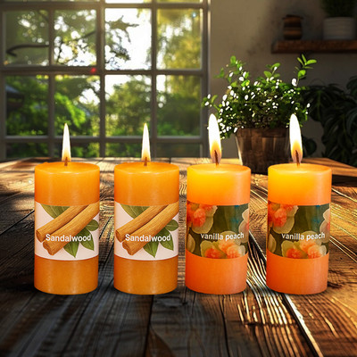 PeepalComm High Scented Wax Fragrance Smokeless Pillar Candle Set of 4 (2 Vanilla+2 Sandal) Candle(Multicolor, Pack of 4)