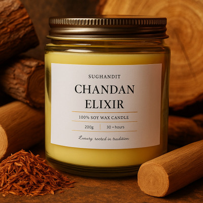 Sughandit Chandan Elixir Soy Wax Candle (200g), 30+ Hr Burn, Eco-Friendly Candle(Yellow, Pack of 1)