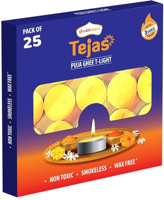 Shubhkart Tejas Ghee T-light Candle|Non Toxic & Wax Free|Long Lasting|Upto 3 Hrs Burn Time Candle(Yellow, Pack of 25)