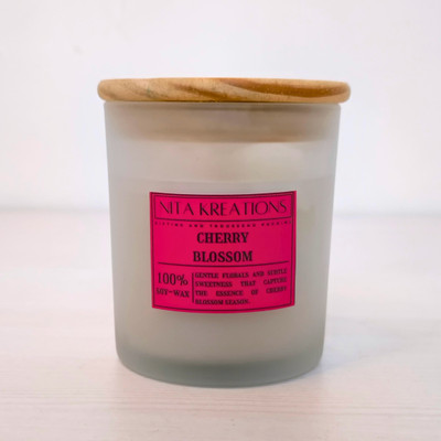 Nita Kreations Handcrafted Cherry Blossom Soy Wax Candle with Wooden Lid | 160g Jar Candle Candle(White, Pack of 1)