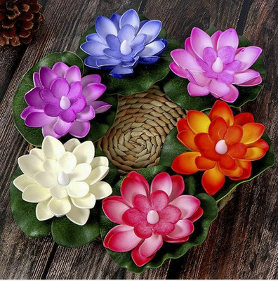 SALPITOYS Waterproof Artificial Floating Colorful Lotus with Battery Candles 1 Box/ 6 pcs Candle(Multicolor, Pack of 6)
