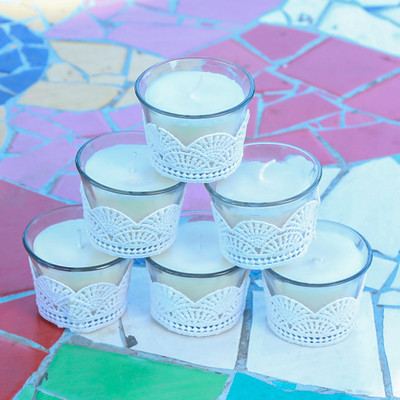 Kaameri Bazaar Set of 6 Unscented Fragranced Lace Glass Butter Pot Candles Candle(White, Pack of 6)
