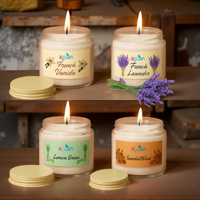 Agwan Organic Soy Wax Candles | Set of 4 | Long Lasting 15 Hrs Burn Each Candle(Multicolor, Pack of 4)