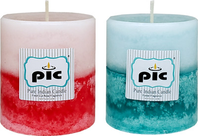 PIC Handpourd Scented Two Tone Mottle Wax Pillar Candle(Red, Blue, Pack of 2)