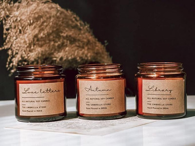 The Umbrella Store 3 Candles, Combo of Autumn, Love Letters and Library Candle, Scented Candle Candle(Brown, Pack of 3)