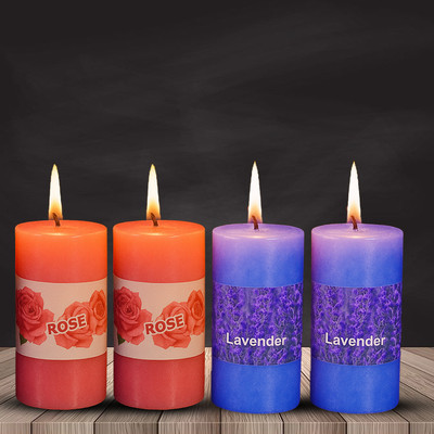 PeepalComm High Scented Wax Fragrance Pillar Candle Set of 4 (2 Rose+2 Lavender) Candle(Multicolor, Pack of 4) PeepalComm High Scented Wax Fragrance Pillar Candle Set of 4 (2 Rose+2 Lavender) Candle(Multicolor, Pack of 4)