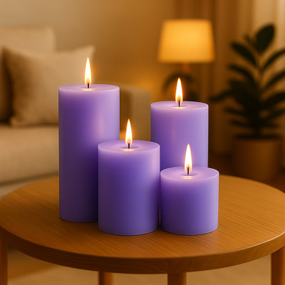 Floish Scented Pillar Candle Set of 4 (Lavender) | Premium Pillar Candle Gift Set Candle(Purple, Pack of 4)