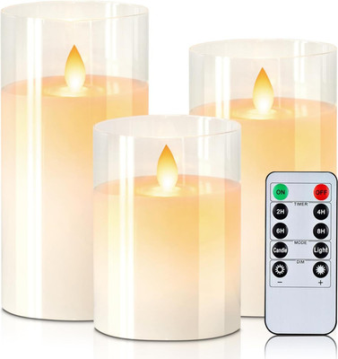 ZODZE Glass Flameless Led Candles Battery Operated with Remote Control, Set of 3 Candle(White, Pack of 3)