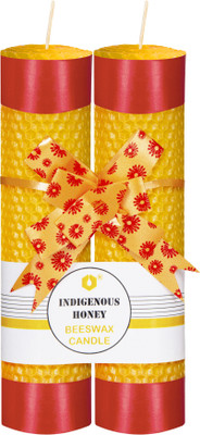 INDIGENOUS HONEY Beeswax Pillar Pure,Handmade,Naturally Scented,Non-Toxic - 25 Hours Burn Time Candle(Yellow, Pack of 2)